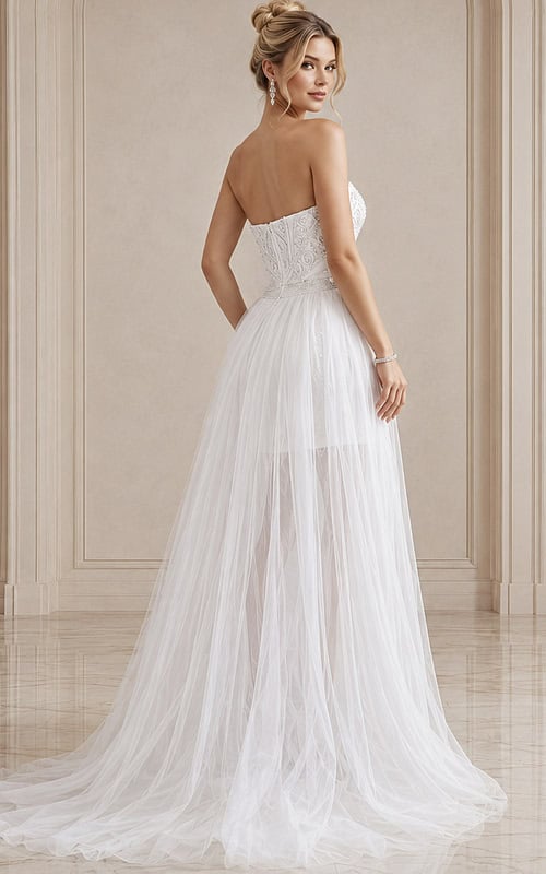 ivory beaded strapless short wedding dress with sweetheart neckline and detachable tulle overskirt, front view, Jovani Bridal style JB22274