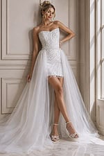 ivory beaded strapless short wedding dress with sweetheart neckline and detachable tulle overskirt, front view, Jovani Bridal style JB22274
