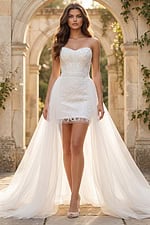 Bridal mini dress with strapless sweetheart neckline and detachable tulle overskirt