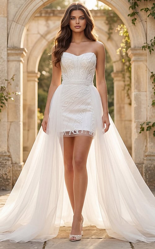 Bridal mini dress with strapless sweetheart neckline and detachable tulle overskirt
