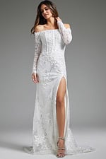 Model wearing Jovani JB23106 white lace gown with off-shoulder neckline, full view.