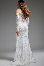 Model wearing Jovani JB23106 white lace gown, off-shoulder back view.