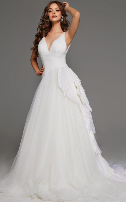 Model wearing Jovani JB23241 white A-line gown with deep V-neck and cascading ruffles.