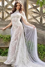 Model wearing Jovani JB23659 front view, full length, with intricate embroidery and sheer overlay.