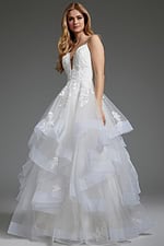 Model in Jovani JB41002 showcasing V-neckline and lace details