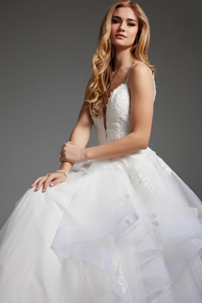 Side view of Jovani JB41002 dress showing tulle layers and lace
