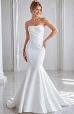 ivory satin strapless fit and flare wedding dress with straight pleated neckline and dropped waist, front view, Jovani Bridal style JB24282