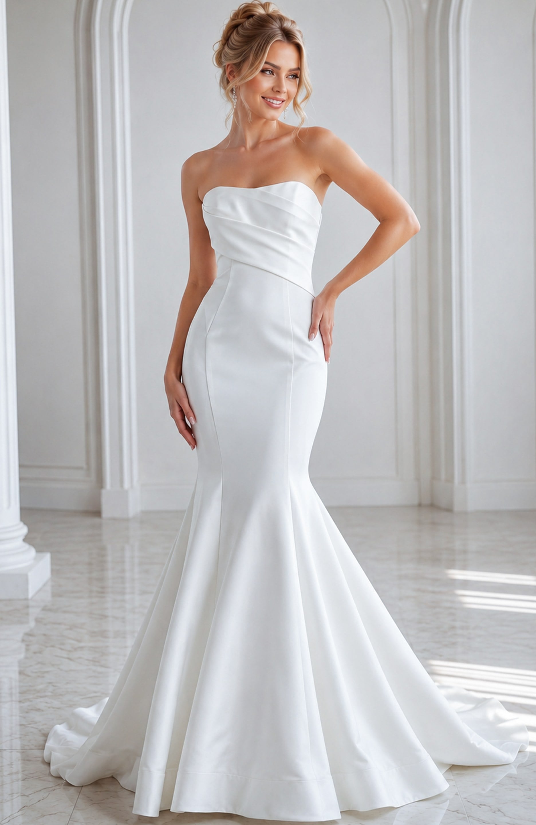 JB24282-12 ivory satin strapless fit and flare wedding dress with straight pleated neckline and dropped waist, front view, Jovani Bridal style JB24282