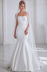 ivory satin strapless fit and flare wedding dress with straight pleated neckline and dropped waist, front view, Jovani Bridal style JB24282