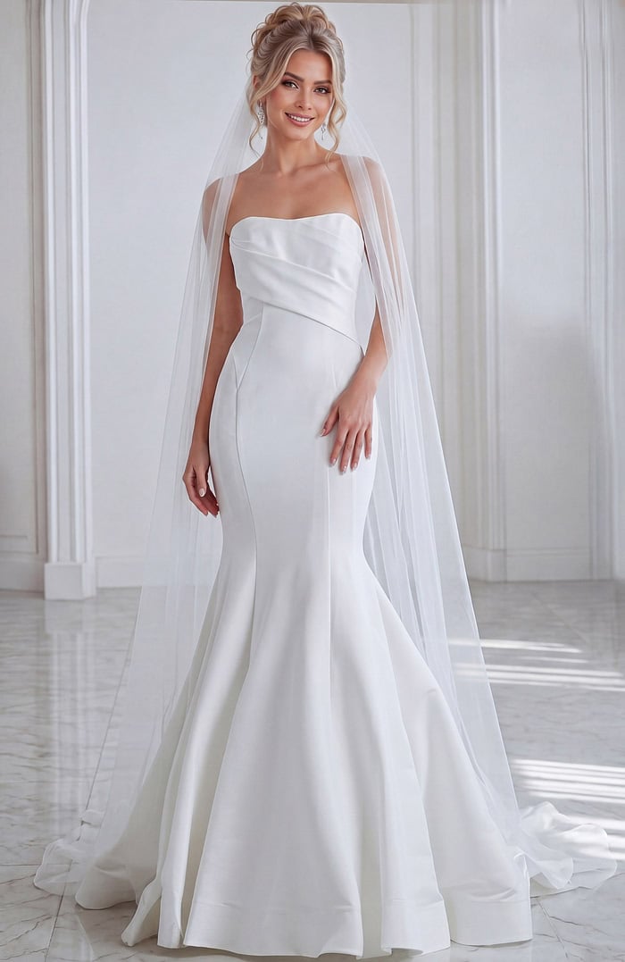 ivory satin strapless fit and flare wedding dress with straight pleated neckline and dropped waist, front view, Jovani Bridal style JB24282