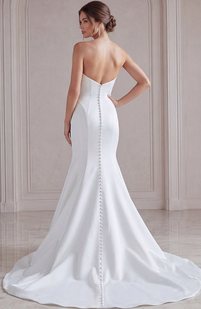 ivory satin strapless fit and flare wedding dress with straight pleated neckline and dropped waist, front view, Jovani Bridal style JB24282