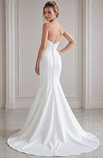 ivory satin strapless fit and flare wedding dress with straight pleated neckline and dropped waist, front view, Jovani Bridal style JB24282