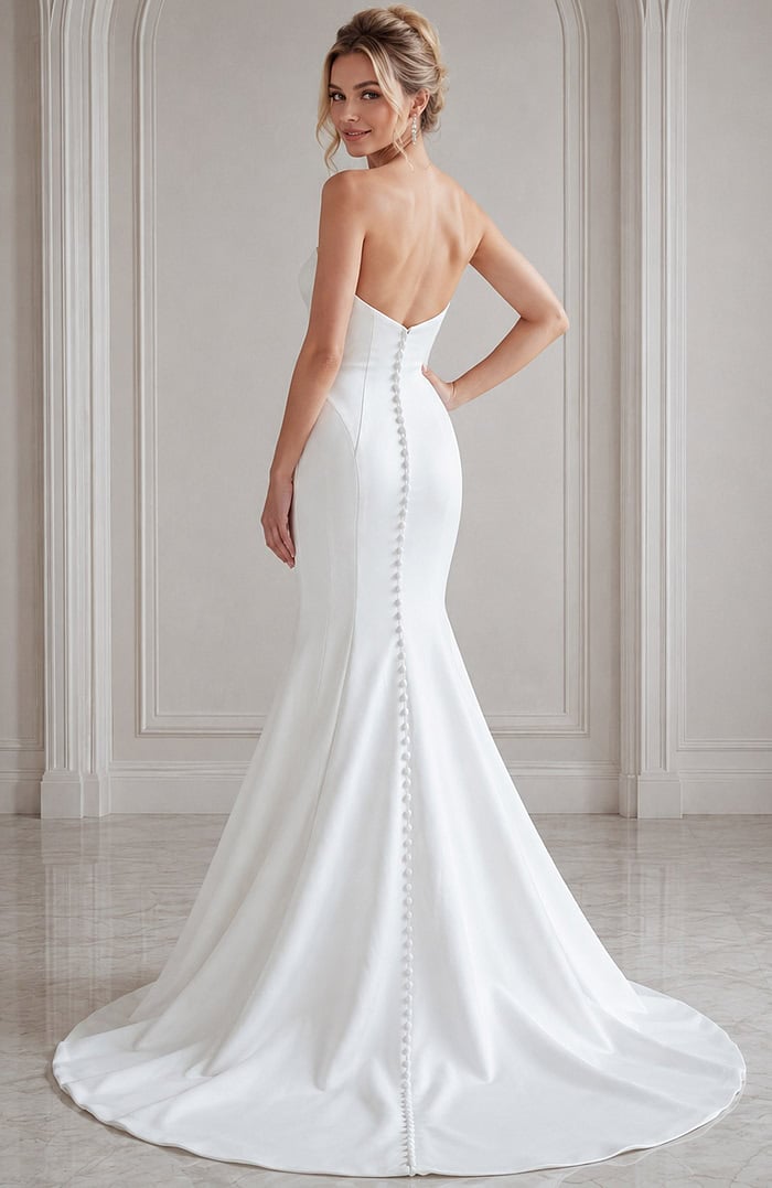 ivory satin strapless fit and flare wedding dress with straight pleated neckline and dropped waist, front view, Jovani Bridal style JB24282