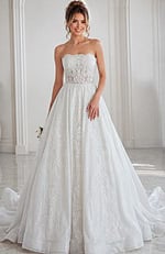 ivory beaded lace strapless ballgown wedding dress with scalloped neckline and sheer corset bodice, front view, Jovani Bridal style JB24563