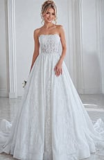 ivory beaded lace strapless ballgown wedding dress with scalloped neckline and sheer corset bodice, front view, Jovani Bridal style JB24563