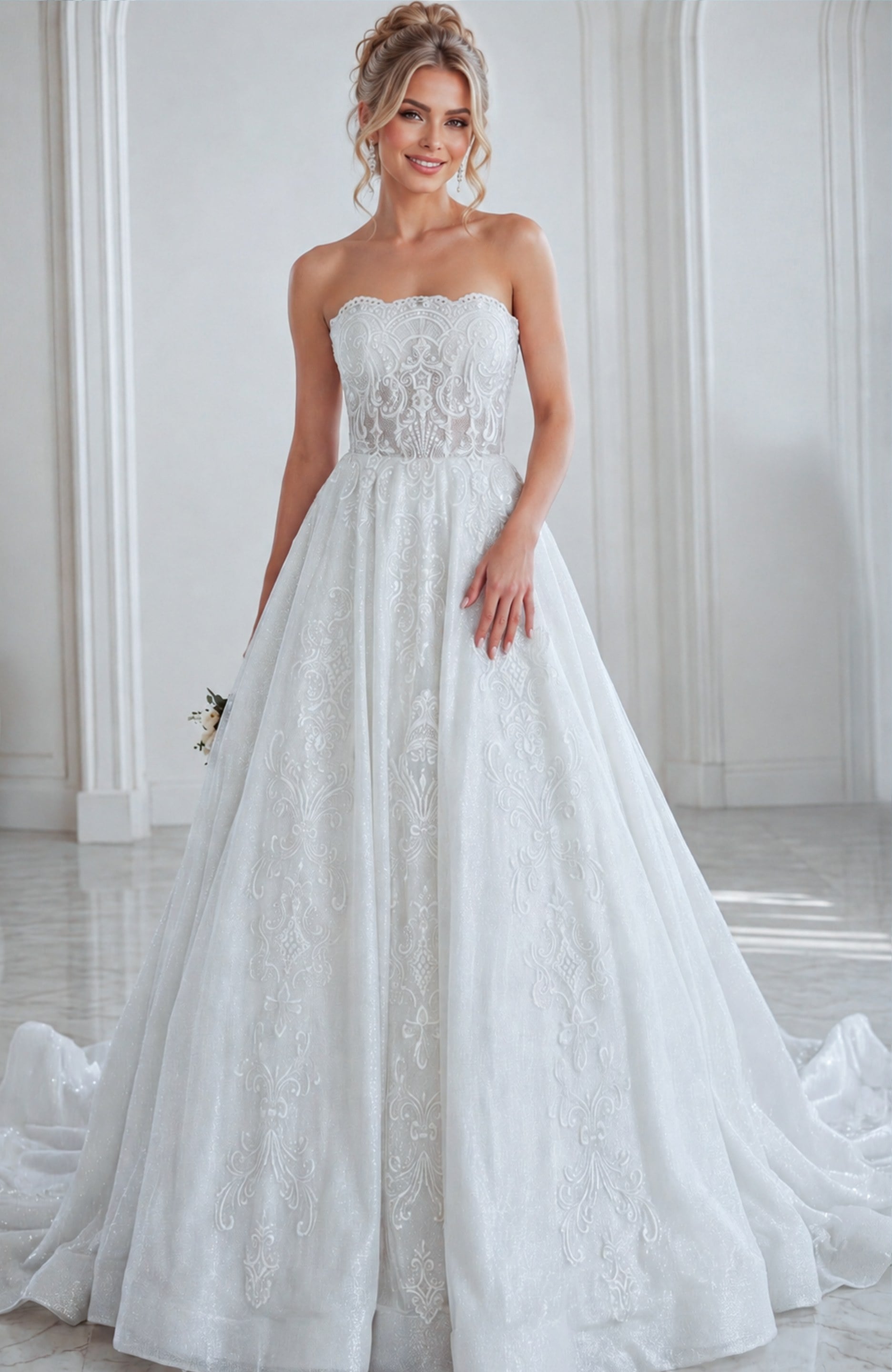 JB24563-12 ivory beaded lace strapless ballgown wedding dress with scalloped neckline and sheer corset bodice, front view, Jovani Bridal style JB24563