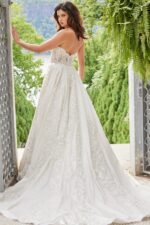 Back of Jovani JB24563 wedding dress featuring lace details and soft train.