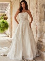 Front view of Jovani JB24563 wedding gown with lace and beadwork.