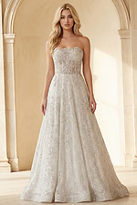 Lace embroidered strapless wedding dress with long train back view