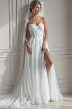 ivory 3D floral lace strapless A-line wedding dress with sweetheart neckline and high slit, front view, Jovani Bridal style JB25730
