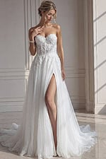 ivory 3D floral lace strapless A-line wedding dress with sweetheart neckline and high slit, front view, Jovani Bridal style JB25730