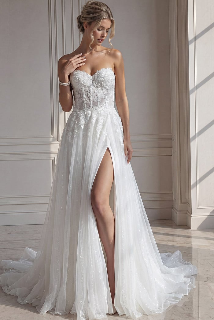 strapless sweetheart wedding dress Andrea and Leo Couture WL052 Deep Neckline 12 / Off White The gown features a deep sweetheart neckline that beautifully accentuates the bust BABARONI Lace Champagne Wedding Dresses