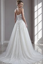 ivory 3D floral lace strapless A-line wedding dress with sweetheart neckline and high slit, front view, Jovani Bridal style JB25730