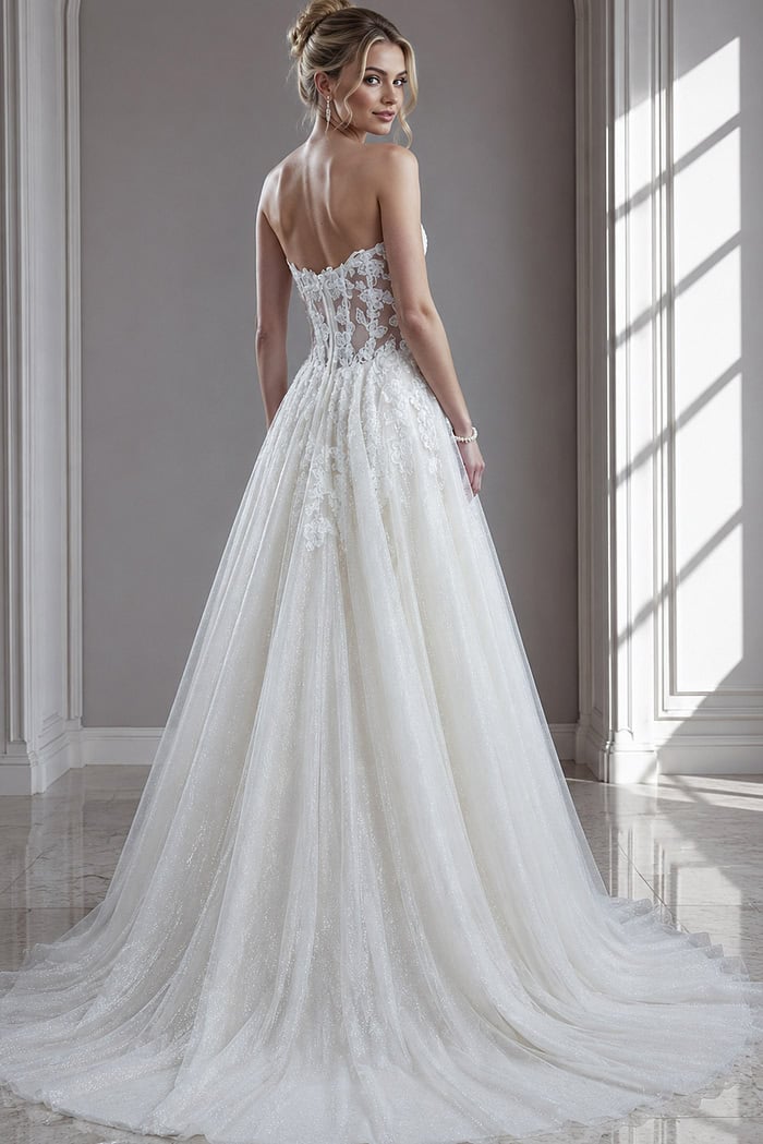 ivory 3D floral lace strapless A-line wedding dress with sweetheart neckline and high slit, front view, Jovani Bridal style JB25730