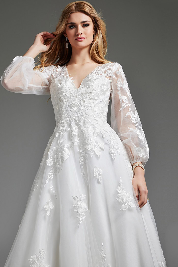 Close-up of Jovani JB25731 dress, showcasing intricate floral appliqués on bodice.