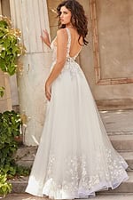 back view of model wearing JB25737 white gown with floral details