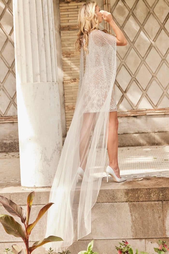 Back view of Jovani JB36528 dress showing cape detail and sheer fabric.