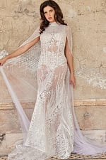 Model wearing JB36547 white dress, full front view showing floral lace and mesh high collar.