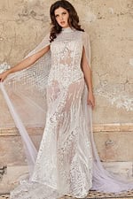 Front view of model in Jovani JB23659, displaying neckline and intricate floral embroidery.