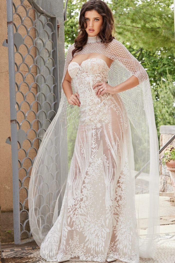 Closer view of model in Jovani JB23659, highlighting the embroidered details.