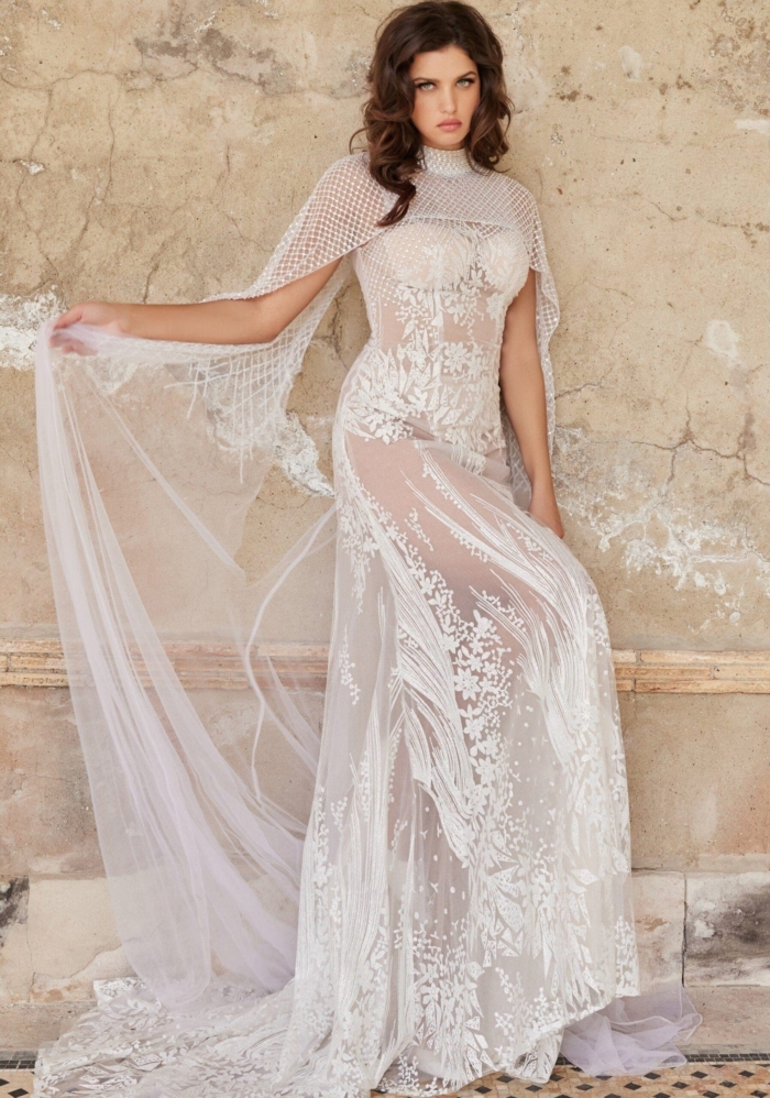 Front perspective of the Jovani JB23659 gown, highlighting the beadwork on the neckline.