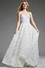 Model wearing Jovani JB36644 white ball gown with rosette pattern and sweetheart neckline.