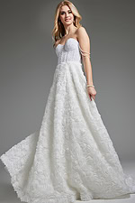 Model showcasing Jovani JB36644 white gown, featuring textured rosette skirt.