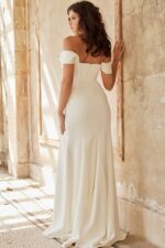 Off the Shoulder White Sheath Dress with Bow Detail and High