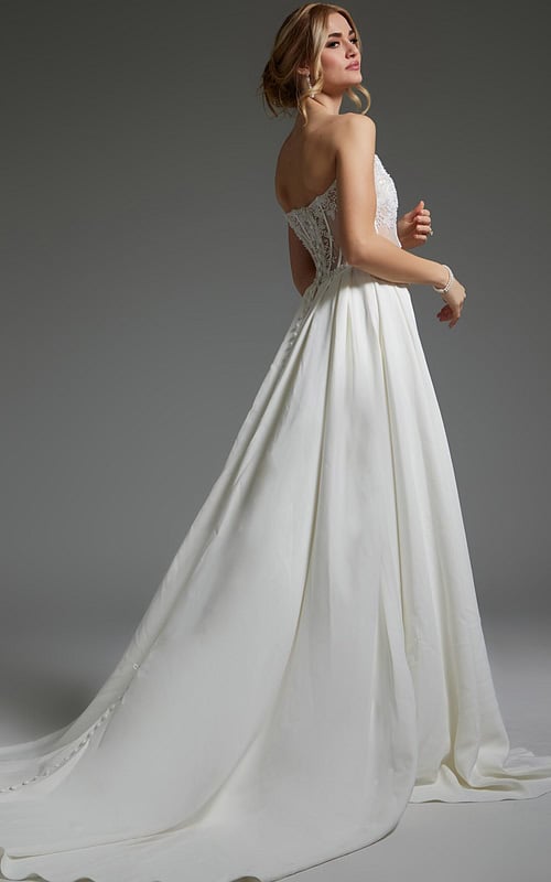 Back view of Jovani JB37128 ivory dress with buttoned closure and long train.