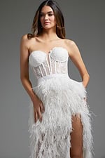 Model in Jovani JB37327 white dress with sheer corset and high slit