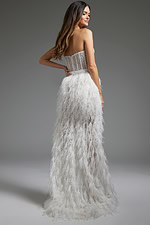 Back view of Jovani JB37327 dress showcasing feather details and structured corset