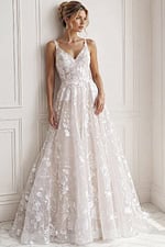 ivory 3D floral lace A-line wedding dress with V neckline and spaghetti straps, front view, Jovani Bridal style JB37434