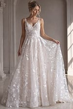 ivory 3D floral lace A-line wedding dress with V neckline and spaghetti straps, front view, Jovani Bridal style JB37434