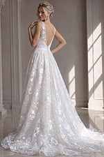 ivory 3D floral lace A-line wedding dress with V neckline and spaghetti straps, front view, Jovani Bridal style JB37434