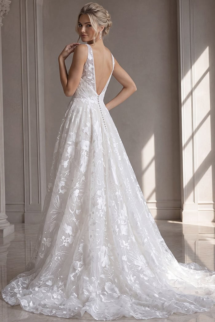 ivory 3D floral lace A-line wedding dress with V neckline and spaghetti straps, front view, Jovani Bridal style JB37434