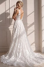 ivory 3D floral lace A-line wedding dress with V neckline and spaghetti straps, front view, Jovani Bridal style JB37434