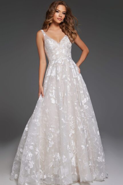 Model showcasing Jovani JB37434 with a full-length A-line design and V-neckline.