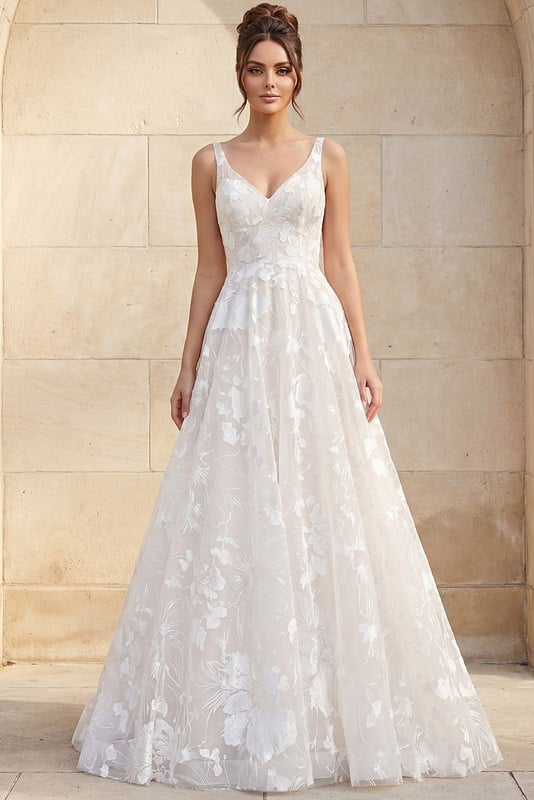 knee length dresses for ladies Tulle Lace Plus Size A-line V-neck Backless Wedding Dresses, Bridal Gowns,  MW752
