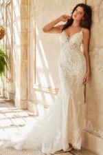Model wearing Jovani JB37532 ivory gown, showcasing lace details and V-neckline from the front.
