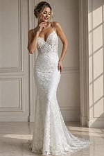 ivory floral lace fitted mermaid wedding dress with V neckline and spaghetti straps, front view, Jovani Bridal style JB37538